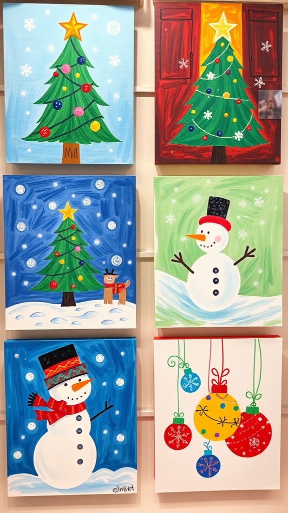A collection of simple Christmas paintings including a tree, snowman, and ornaments.